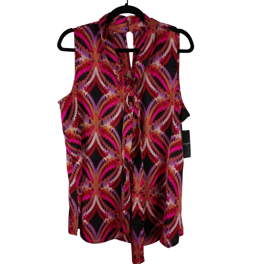 Tahari ASL Womens Bow Neck Blouse Black Rose Geometric Ikat Print TMM012 L NWT